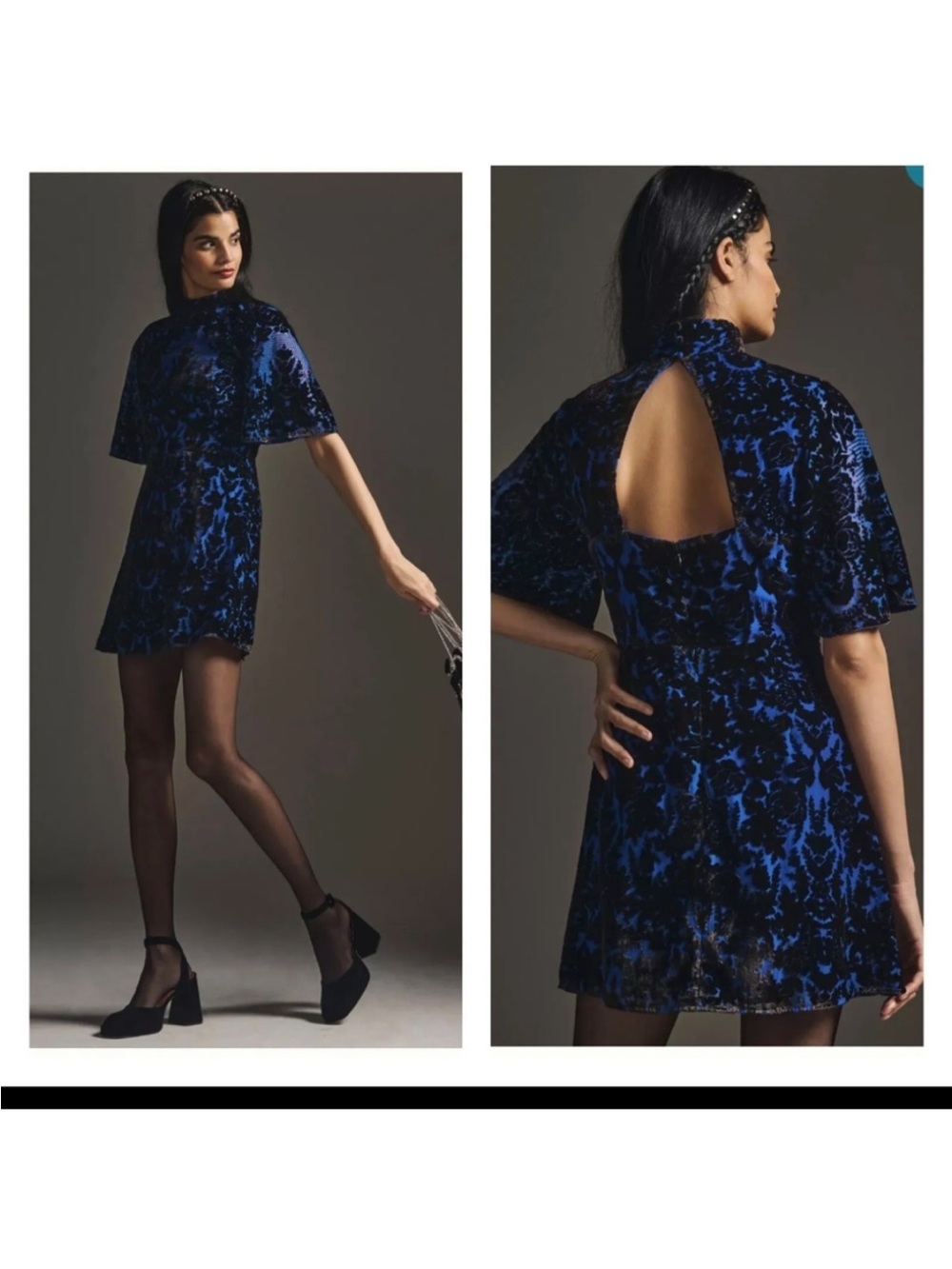Anthropologie Blue Velvet Burnout High-Neck Mini Dress Mock Neck Turtleneck 10